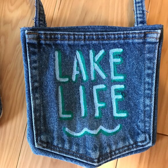 Handmade Crossbody Denim Bag: Painted Lake Life Cell Phone Jean Pocket Purse - Picture 6 of 11
